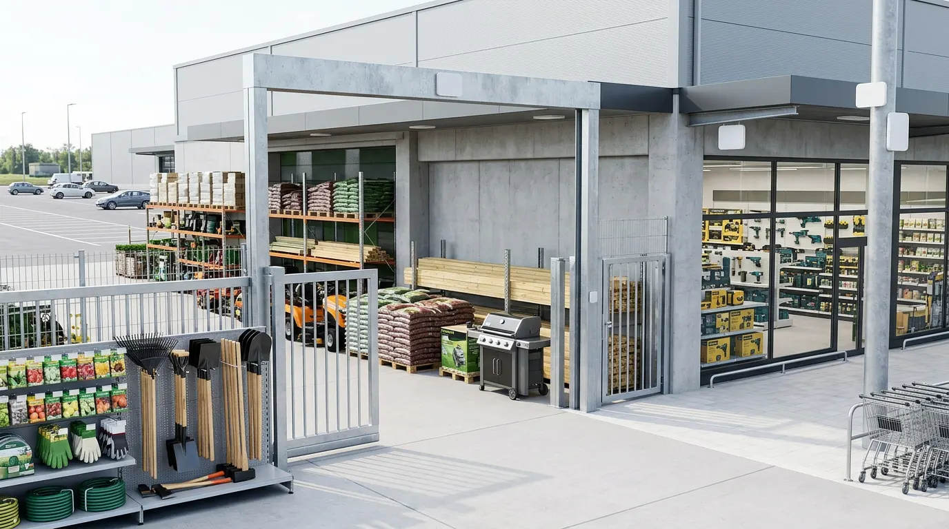 Außenbereich, Yard und Seitentor im DIY- und Gartencenter-Umfeld